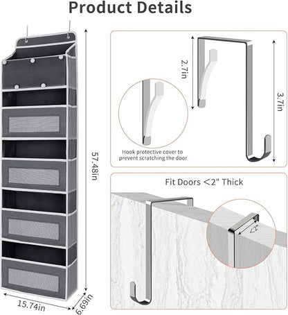 5-Tier Over the Door Storage Organizer with 5 Side Mesh Pockets, 40lbs Load Capacity with 2 Hooks, Behind Door Hanging Organizer for Closet Bathroom Bedroom Nursery - Grey