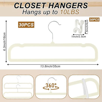 Pants Hangers Space Saving, 30 Pack Velvet Hangers for Closet with 30 Hooks, Strong Durable Non Slip Slim Clothes Hanger, Ultra Soft Flocked Hanger for Pants, Shirts, Bra, Shorts (Cream)