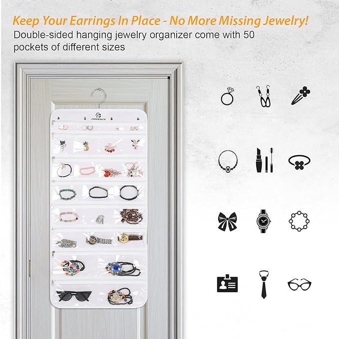 Hanging Jewelry Organizer with 50 Transparent Pockets, 360° Rotating Hanger & Secure Zipper Closure - Foldable Double Sided Jewelry Storage Bag for Earrings, Rings, Necklaces, Bracelets (White)
