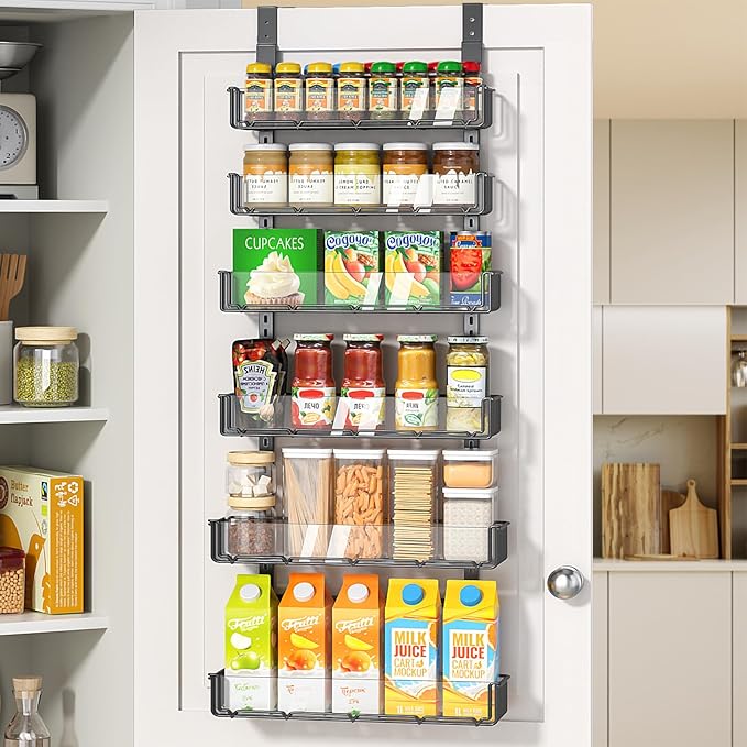 Delamu Adjustable Over the Door Pantry Organizer with Clear Acrylic Panel, 6-Tier Pantry Organization and Storage for Kitchen, Hanging Spice Rack Seasoning Shelves for Cabinet, Easy Install, Black