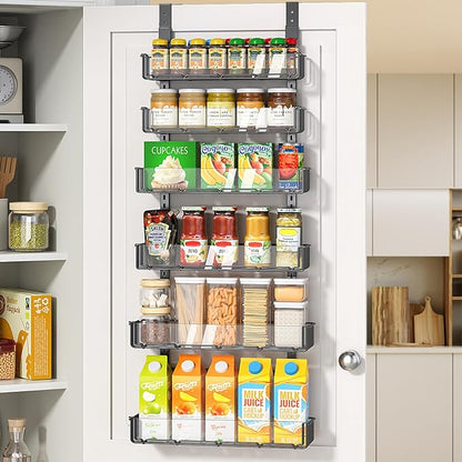 Delamu Adjustable Over the Door Pantry Organizer with Clear Acrylic Panel, 6-Tier Pantry Organization and Storage for Kitchen, Hanging Spice Rack Seasoning Shelves for Cabinet, Easy Install, Black