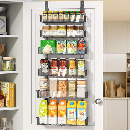 Delamu Adjustable Over the Door Pantry Organizer with Clear Acrylic Panel, 6-Tier Pantry Organization and Storage for Kitchen, Hanging Spice Rack Seasoning Shelves for Cabinet, Easy Install, Black
