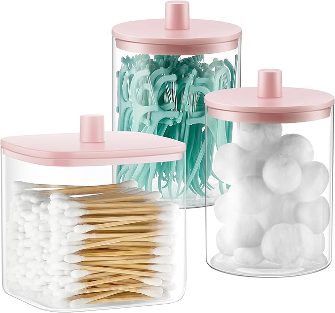 3 Pack Glass Qtip Holder Dispenser- 10 oz Clear Canister Apothecary Jar, Bathroom Vanity Storage Organizer Set for Cotton Swabs, Pads, Floss Picks, Small Containers for Makeup Storage (Pink)