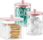 3 Pack Glass Qtip Holder Dispenser- 10 oz Clear Canister Apothecary Jar, Bathroom Vanity Storage Organizer Set for Cotton Swabs, Pads, Floss Picks, Small Containers for Makeup Storage (Pink)