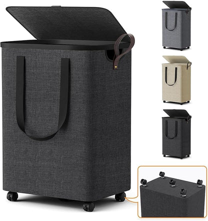 Laundry Basket with 5 Wheels, Tall Dirty Laundry Hamper, Rolling Laundry Basket with Lid, Collapsible Clothes Hamper for Bathroom Bedroom Dorm Laundry Room, Dark Gray, 75L