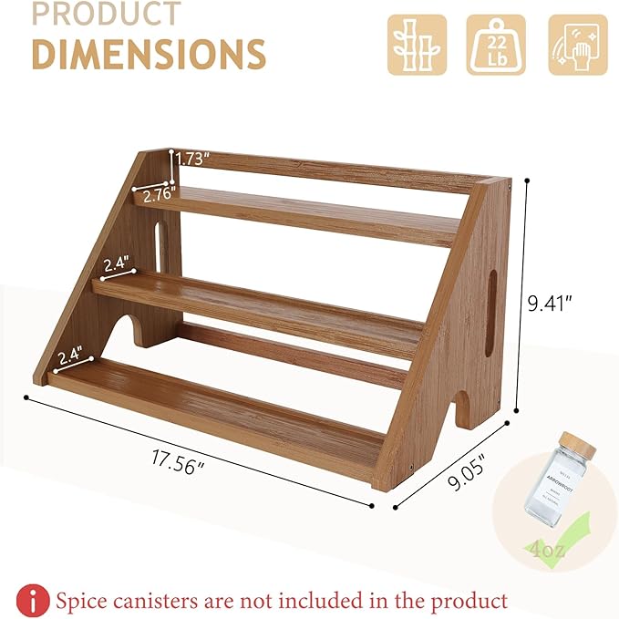 Bamboo Spice Rack Organizer -3-Tier Spice Rack for Countertop,Cabinet Spice Rack Organizer for 24 Spice Jars(4oz)，Step Shelf (Walnut)