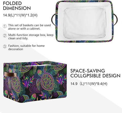 Large Storage Basket Bin Mandala Sea Turtle Storage Cube Box Foldable Canvas Fabric Collapsible Organizer with Handles for Home Office Closet