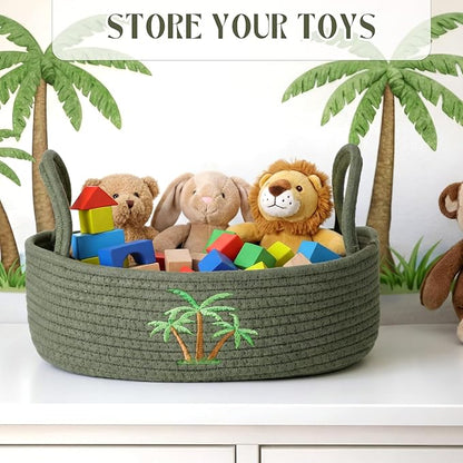 Vesici Coconut Palm Tree Woven Storage Basket for Toilet Tank Top Tropical Beachy Cotton Rope Bathroom Countertop Organizer Basket with Handle Summer Green Bathroom Decor for Bedroom, 13 x 6 x 4 Inch