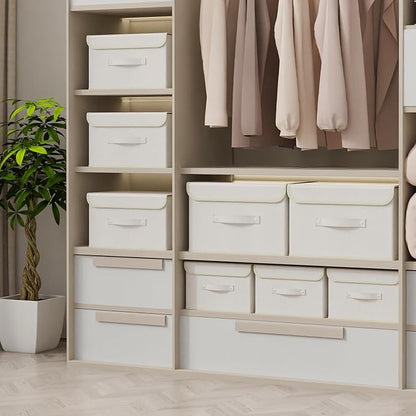 Storage Boxes, Collapsible Storage Bins with Lids, Cotton and linen cloth Storage Baskets with Handle, for Books, Closet, Bedroom, Home, 15x9.8x9.8 in, Beige