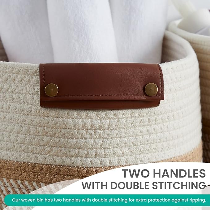 3 Pack Cotton Rope Storage Basket Woven Shelf Storage Bin with Faux Leather Handles, Decorative Closet Shelf Woven Basket for Storage Organizers, 15 x 10 x 9, White/Brown