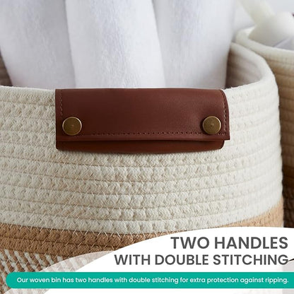 3 Pack Cotton Rope Storage Basket Woven Shelf Storage Bin with Faux Leather Handles, Decorative Closet Shelf Woven Basket for Storage Organizers, 15 x 10 x 9, White/Brown