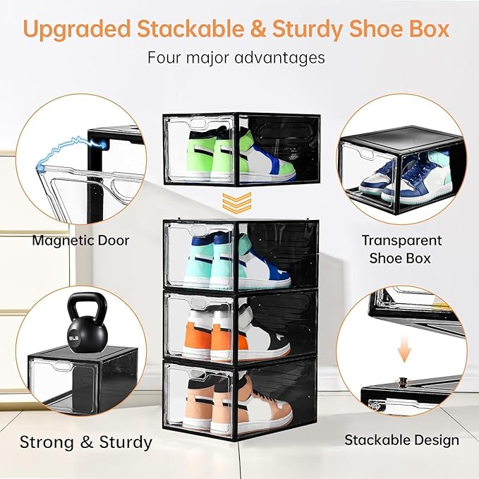 INSTY 12 Pack Large Shoe Storage Box, Clear Shoe Storage Organizer with Magnetic Door, Stackable,Shoe Containers For Display Sneakers, Easy Assembly, Fit up to US Size 12, Transparent