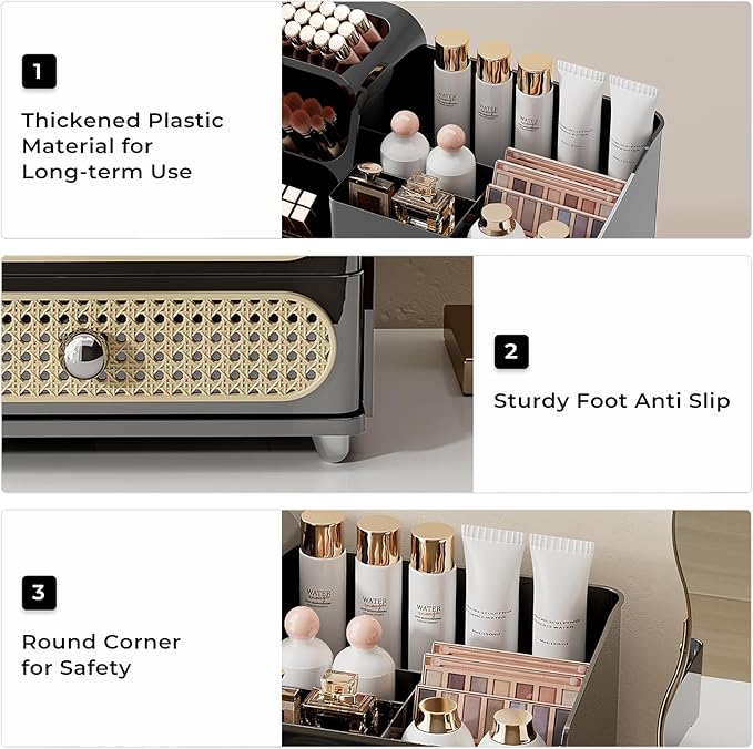 Makeup Organizer for Vanity with Brush Holder, Large Capacity Bathroom Countertop Skincare Organizer with 2 Drawers, Cosmetic Display Case for Perfumes, Eyeshadow Palettes, Nail Polishes