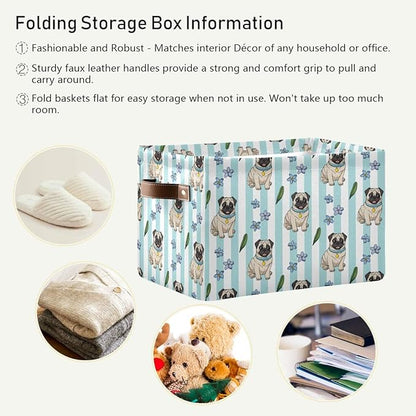 Large Storage Basket Bin Cute Cartoon Pugs Storage Cube Box Foldable Canvas Fabric Collapsible Organizer with Handles for Home Office Closet