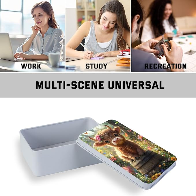 Metal Tin Box with Lid for Game Cards Home Large Organizer Candles Keys Crafts Storage - Comes with 4 Magnetic Cord Clips，Cute Highland Calf Floral