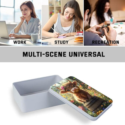 Metal Tin Box with Lid for Game Cards Home Large Organizer Candles Keys Crafts Storage - Comes with 4 Magnetic Cord Clips，Cute Highland Calf Floral