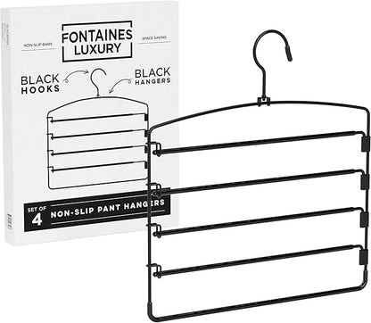 Fontaines Luxury 5 Tier Pants Hangers 4 Pack - Ultra Slim & Space Saving - Heavy Duty Metal Swivel Hook with Swing Arm for Clothing, Jeans, Slacks, Skirts, Leggings & Dress Pant Closet Organization