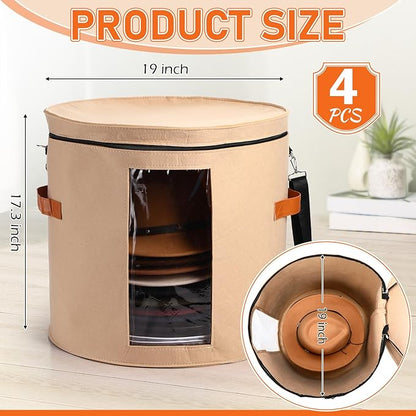 Suzile 4 Pcs Hat Boxes Oversized Round Cowboy Hat Storage Box for Women Men 19" x 17" Cowboy Large Felt Organizer Bag Baseball Cap Container with Dustproof Lid for Clothes Case Travel Gift(Camel)
