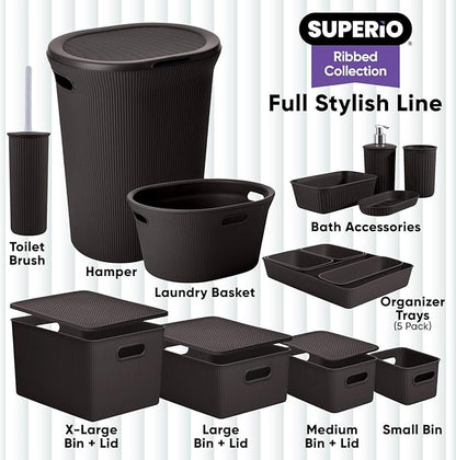 Decorative Plastic Basket Lidded Home Storage Bins Organizer Baskets, Large Brown (1 Pack - 15 Liter) Stackable Container Box, for Organizing Closet Storage Bins for Shelves - Ribbed Collection