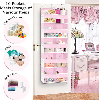 Ofiray-home Pink Over The Door Organizer 5 Tiers, Extra Large Behind Door Storage of 10 Compartments, 50 lbs Weight Capacity Over The Door Storage for Closet, Diaper Organizer