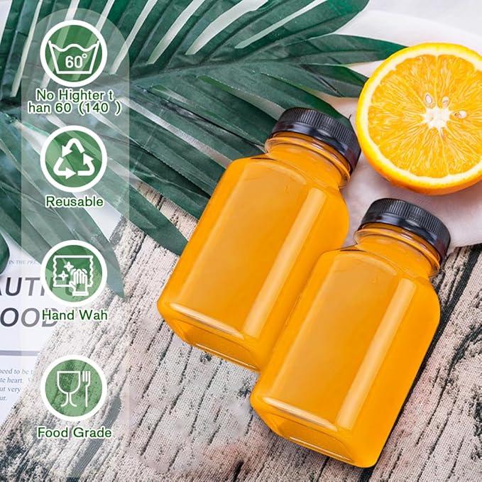 Leaflai Plastic Juice Bottles with Caps 12 pcs - 4oz Reusable Juice Containers with Tamper Proof Lids Black - Clear Bottles for Juicing Milk Smoothie Drinking and Other Beverages Christmas Gifts