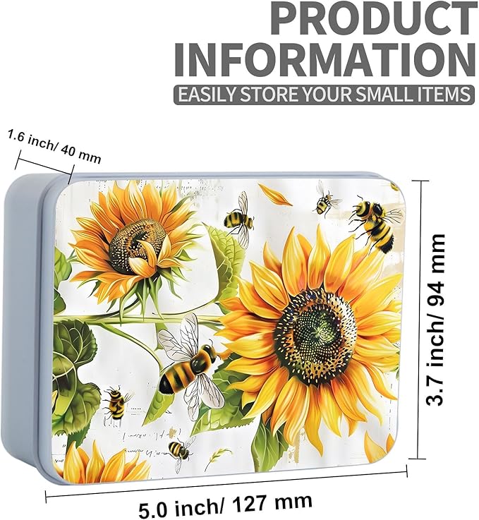 Metal Tin Box Sturdy Metal Storage Box with Lid, Large Container Holder for TCG Cards,Car Keys,Cookies,Tin Containers for Gift,5.0x3.7x1.6 Inch,Exquisite Pattern Design(Bee Sunflowers)