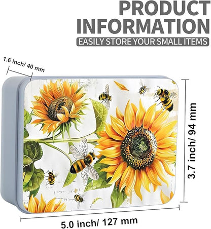 Metal Tin Box Sturdy Metal Storage Box with Lid, Large Container Holder for TCG Cards,Car Keys,Cookies,Tin Containers for Gift,5.0x3.7x1.6 Inch,Exquisite Pattern Design(Bee Sunflowers)