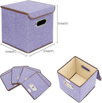 Storage Bin [Set of 4] Linen Fabric Foldable Container with Lid, Collapsible Organizer Boxes Cubes – 10 x 10 x 10 Inches (Purple)