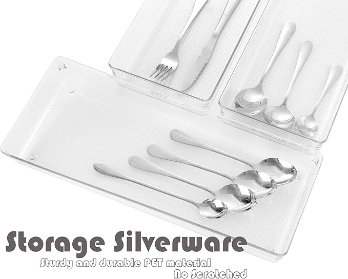 3 Pack Large Clear Plastic Drawer Organizer Tray Cutlery Utensil Makeups Drawer Organizers 15" X 6"