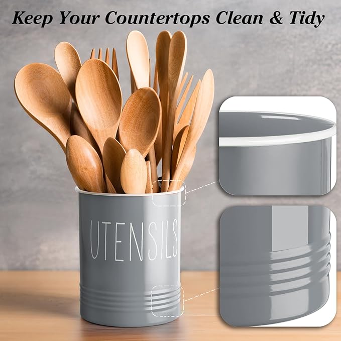 Bivvclaz Gray Kitchen Utensil Holder, 6.7" Utensil Holder for Counter, Cooking Utensil Crock with Cork Bottom, Modern Farmhouse Kitchen Decor, Countertop Utensil Storage Organizer Caddy
