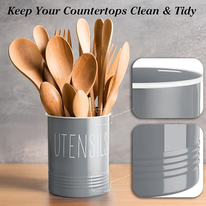 Bivvclaz Gray Kitchen Utensil Holder, 6.7" Utensil Holder for Counter, Cooking Utensil Crock with Cork Bottom, Modern Farmhouse Kitchen Decor, Countertop Utensil Storage Organizer Caddy