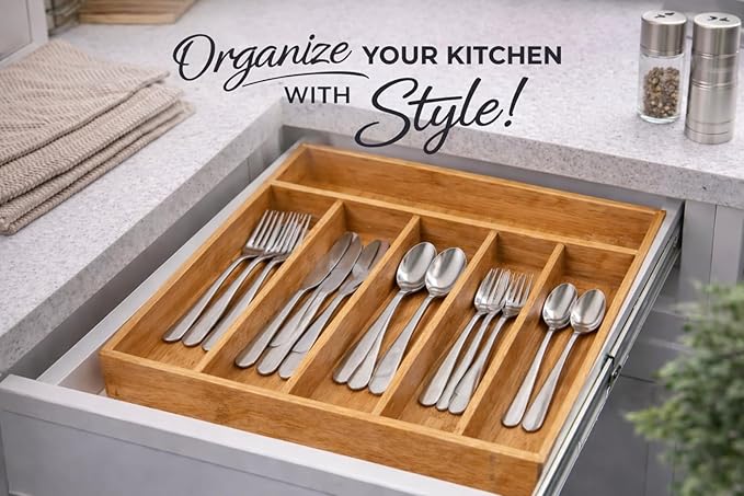 YBM HOME Bamboo Cutlery Tray Flatware Silverware Drawer Organizer with 5 Compartments, 338