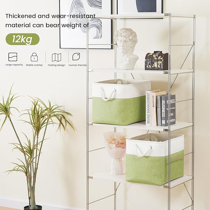 Large Storage Baskets- 16x12x12 inch Storage Bins for Shelves and Closet Organizing, Foldable Fabric Bin for Home Organization Clothes and Laundry (3-Pack, White&Green)