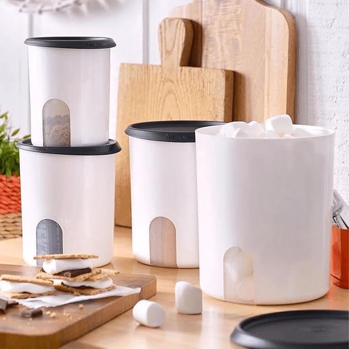 Tupperware One Touch Reminder Canisters 4 Canister Food Storage Set in White & Black, Dishwasher Safe and BPA Free, (4 Containers, 4 Lids)