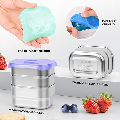 Tanjiae 4×8oz Small Stainless Steel Snack Containers for Kids & Toddlers - 230mL Leakproof Food Containers with Cute Dino Lids | LFGB Certified, Stackable Metal Snack Box for Daycare, School, Travel