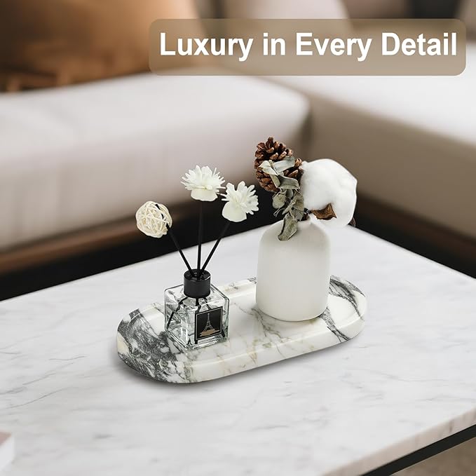 Natural Marble Vanity Tray - Moujings Genuine Marble Perfume Tray for Bathroom Decor, Stone Bathroom Vanity Organizer Tray for Kitchen Counter, Candles, Jewelry, Coffee, Makeup, Key