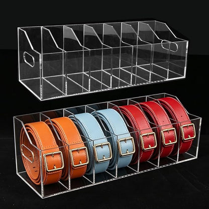 Acrylic Belt Organizer for Closet – 7-Compartment Clear Storage Holder for Belts, Ties, and Bow Ties – Display Case for Shelf or Drawer Organization(Large)