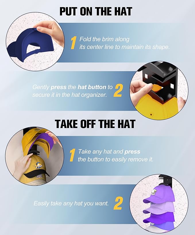 Hat Organizer for Baseball Caps 2 Pack, Hat Rack for Wall Hold up to 20 Hats with Strong Adhensive, Hats Holder Hanger Space Saving for Displlay, Cap Organizer Storage Multilayer(Black)