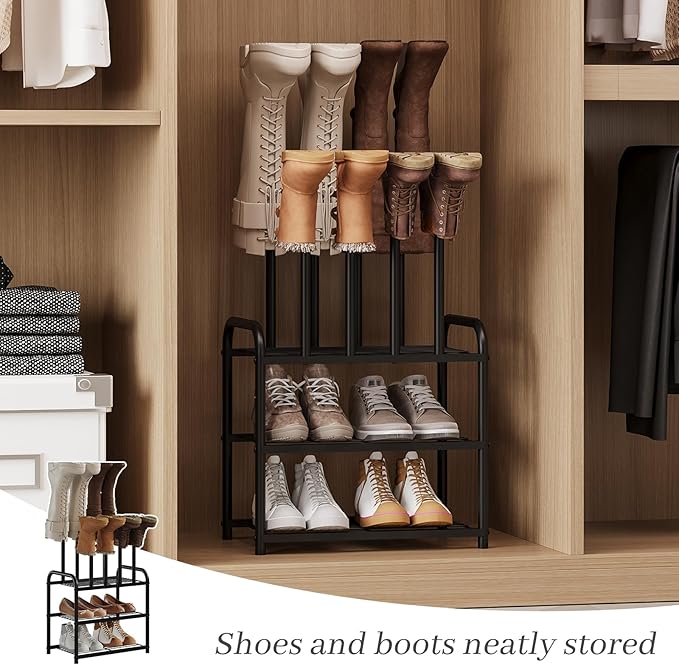 Kitsanery Shoe Rack - 3-Tier Metal Boot Rack Organizer for Entryway, Closet & Garage, Free Standing Shoe Shelf for Storage Tall Boots, Sneakers, Cowboy Boots, Black (Small - 4 Pairs)