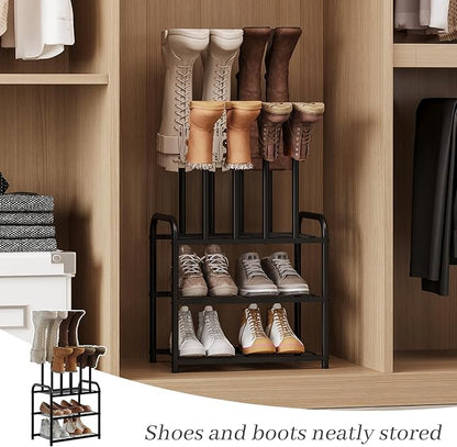 Kitsanery Shoe Rack - 3-Tier Metal Boot Rack Organizer for Entryway, Closet & Garage, Free Standing Shoe Shelf for Storage Tall Boots, Sneakers, Cowboy Boots, Black (Small - 4 Pairs)