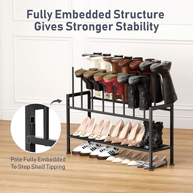 DIMJ Boot Rack 3-Tier - Black Metal Boot Storage Rack for Tall Boots Organizer Tall Boots, Multiuse Shoe Rack for Boots, Sneakers, High-Heel, Entryway, Fit for 8 Pairs, Black