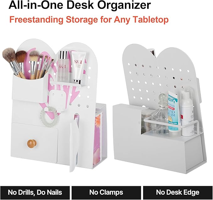 Magnetic Pegboard Organizer for Office Desk, Makeup Vanity, Stationery Storage, Gaming Desktop with 4 Metal Accessories Drawer Holder Hooks Modular - Home Decor Tabletop Display Kids Room - White