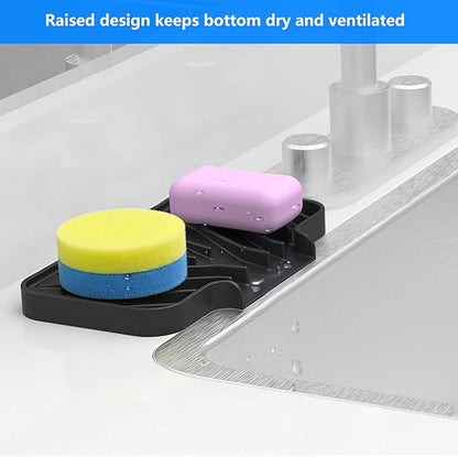Sponge Holder for Kitchen Sink, Dish Sponge Holder & Soap Tray with Drain, Bathroom Sink Sponge Drying Rack & Perfect Organizer for Dispenser,Bottle,Cup on Sinks or Counter(8"x 4"Black)