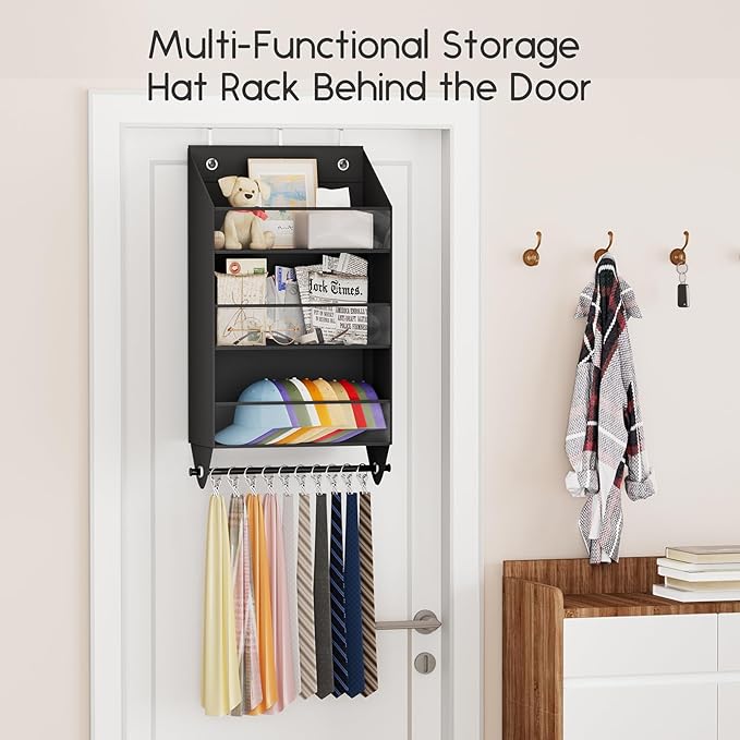 Homsorout Over the Door Hat Rack - 3-Layer Design Hat Organizer Holds 30-36 Hats with 10 Hooks, Ideal Hat Rack for Door, Over the Door Organizer for Closet, Apartment, Bedroom, Dorm, 1 Pack, Black