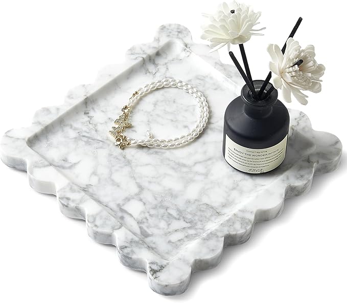 Real Natural Scalloped Marble Tray for Bathroom, Vanity, Kitchen and Desktop, Decorative Stone Tray for Jewelry, Cosmetics, Candles, Lotion, Perfume and Home Décor (White, 8" x 8")
