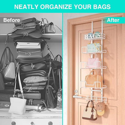 HapiRm Over Door Purse Organizer - Adjustable Purse Storage Rack with Bags Design Metal Basket, Wall Mounted Handbag Organizer, Hanging Handbag Holder, Can Use As 1/2 Part Detachable, White