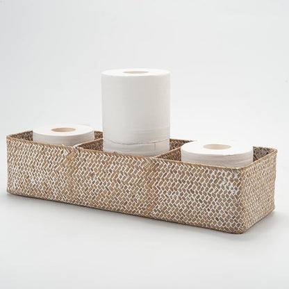 DOKOT Whitewash Seagrass Toilet Tank Basket with 3 Section, Toilet Paper Basket for Bathroom Organizing, Storage Basket for Kitchen, Dresser (16.5x5.7x3.5 inch)