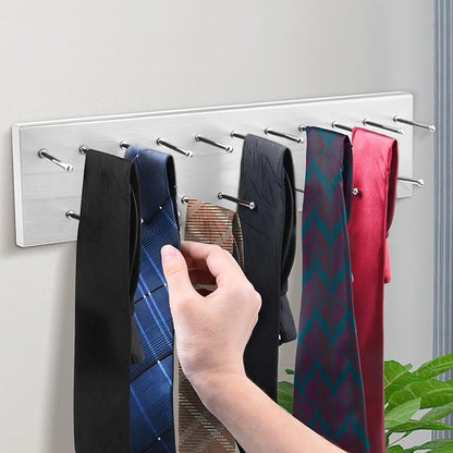 Tie Rack Wall Mounted, Wood Belt Hanger for Closet with 21 Chrome Hooks, Belt Storage Holder Organizer for Men Belts, Ties, Scarves, White