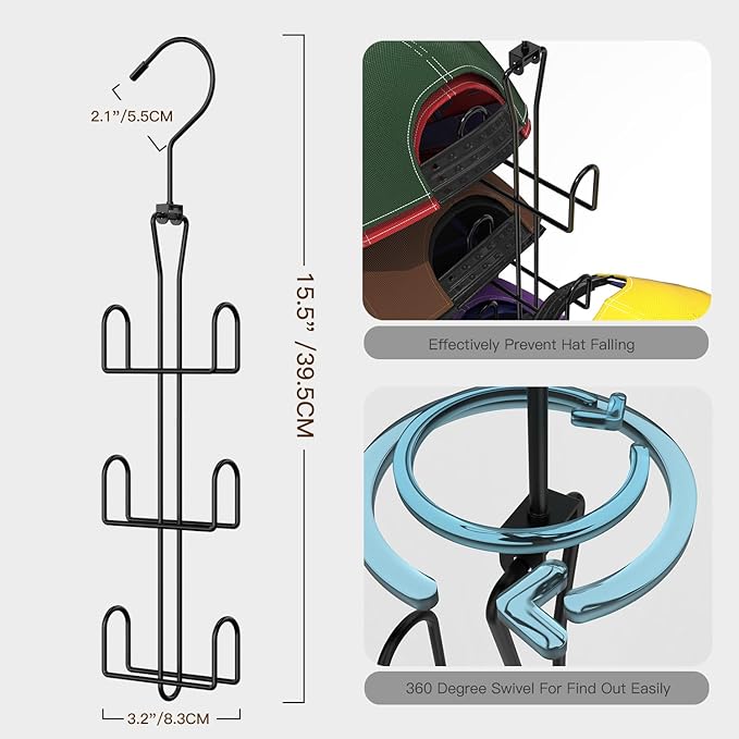 Hat Hanger 2pcs Metal Hat Storage For Baseball Caps,Rotatable Hat Organizer For Closet,Hat Rack With 6 Hooks Up to 30 Caps Hold,Black