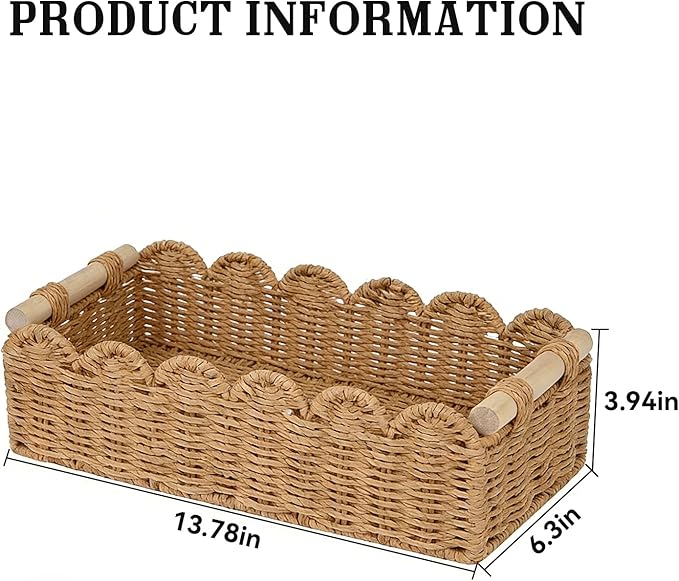 Upgraded Paper Rope Scalloped Edge Toilet Paper Storage Basket, Small Living Room, Bedroom Decor Baskets for Over Toilet Storage Shelf, End Table, Shelves and More, with 2 Wooden Handle (Neutral)